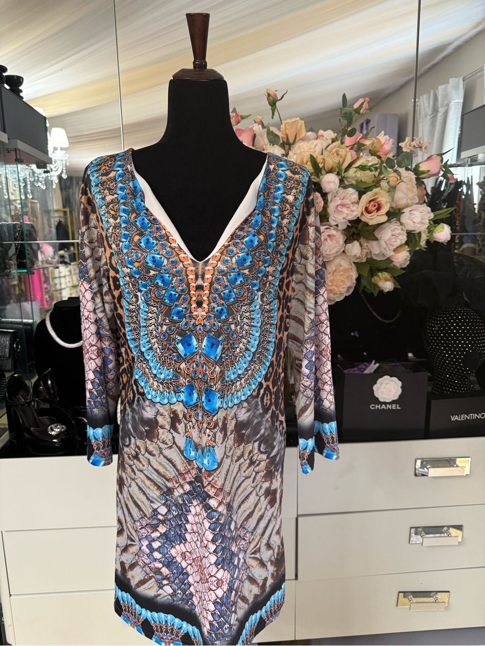 Blue Multi-Pattern Studded Jewels V-Neck Women's Dress